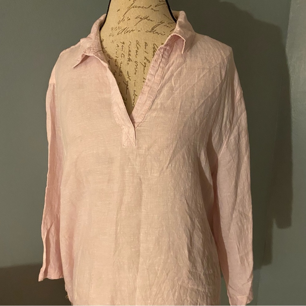 SIGRID OLSEN 100% Linen Popover Tunic Top Pink 3/4 Sleeve Side Button Women 1X